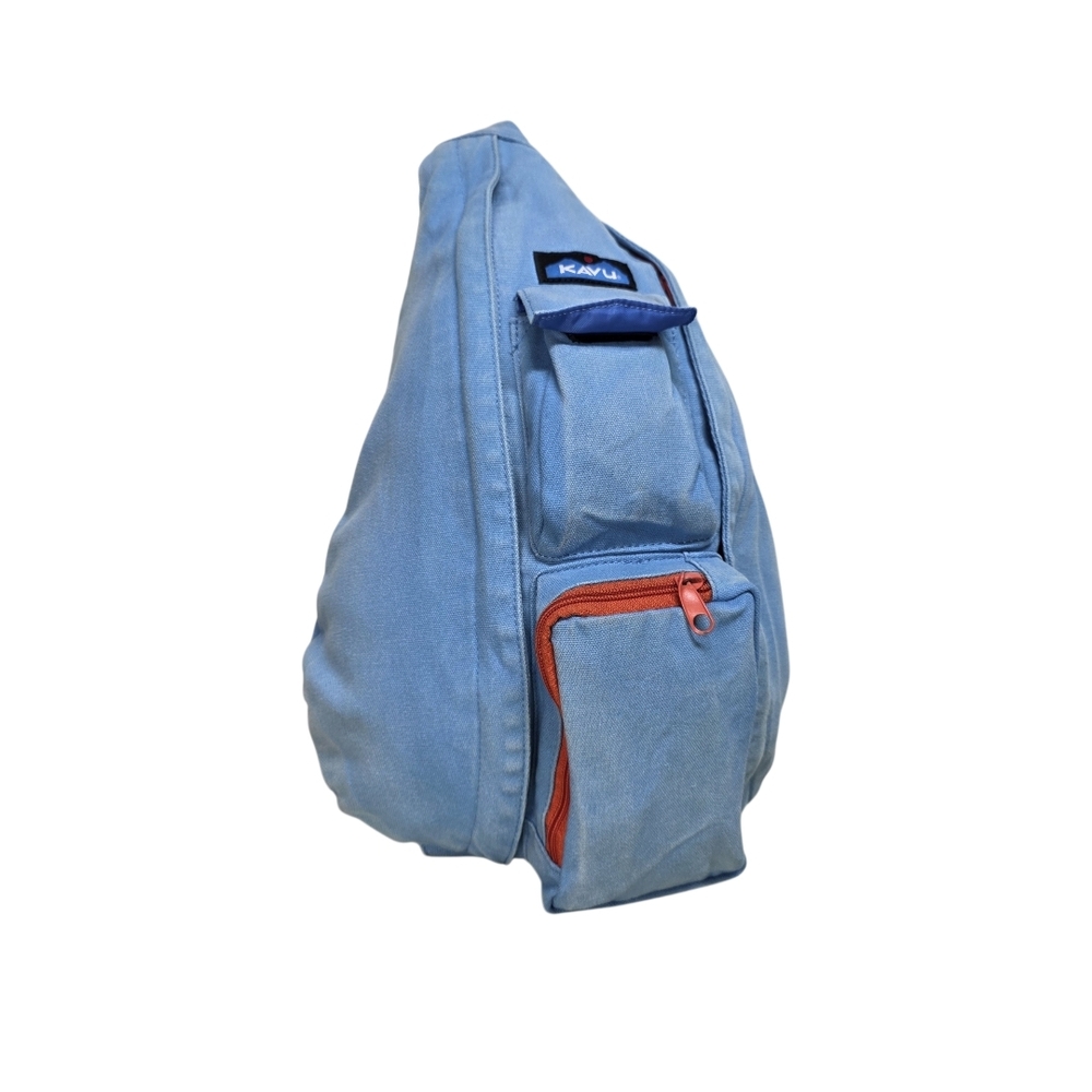 KAVU Denim Blue Sling Backpack with Orange Accents, Adjustable Rope Strap